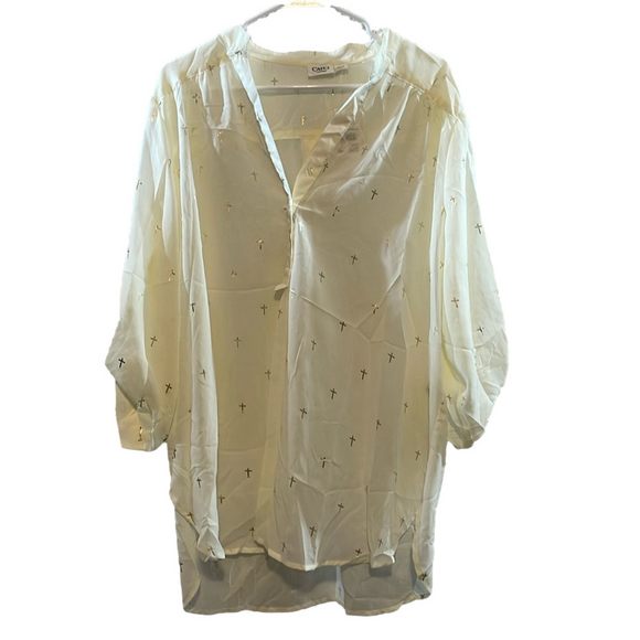 NWT Cato off white with gold crosses 3/4 button 3/4 sleeves sheer blouse 18/20 - Picture 1 of 5